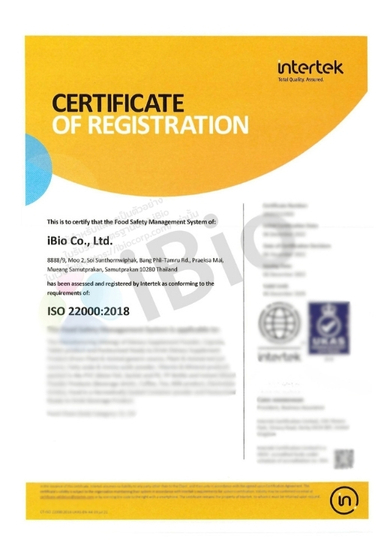 ใบรับรองมาตรฐาน ISO22000 ของโรงงาน iBio